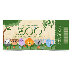 Zoo ticket with cute stylised exotic animals in the forest on background. Zoological park entrance talon with detachable part and barcode. Vector illustration in flat style. - obrazy, fototapety, plakaty