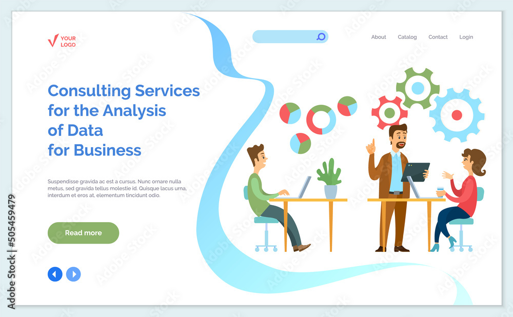 Aufkleber consulting services for analysis of data for business concept. business website landing page templat