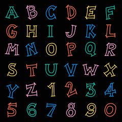 Cute Children Kids Font Letter Cartoon Style Hand Drawing Drawn Colorful All Cap English Alphabet Numeric Number Character Doodle Outline Set Collection isolated vector illustration Black Background