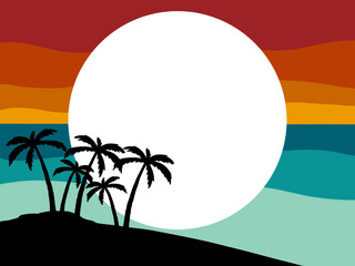 Silhouette of coconut trees by the sea, blue water and red sky.  There is a white circle for entering text.