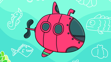 illustration of a submarine and fish in sea water