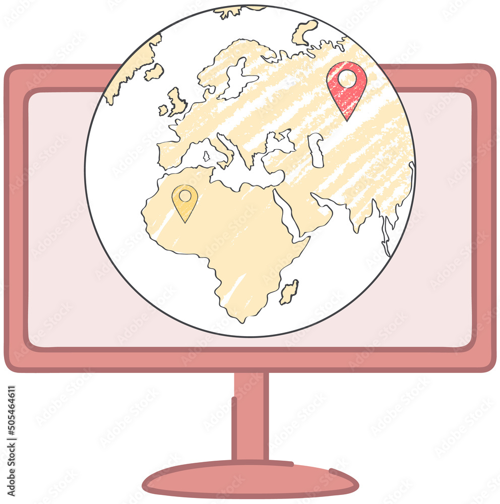 Poster high detailed world map on screen. computer program for navigation. flat map of earth with marks, di