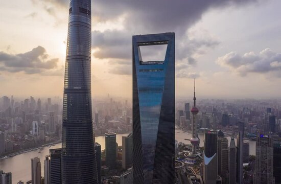 circling shot, architecture, asia, asian, background, blue, building, business, China, Chinese, city, cityscape, downtown, drone, famous, financial, landmark, metropolis, modern, panoramic, pudong, sh