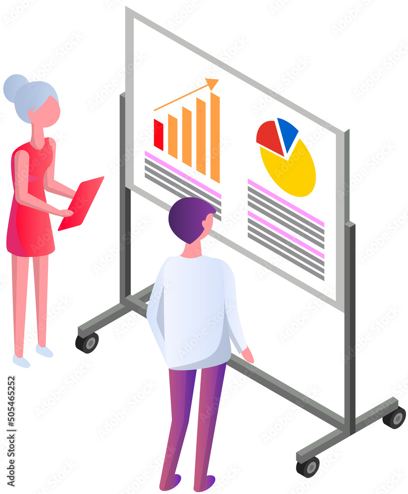 Poster analytics and development statistics. web analysis measure, product testing technology. woman analys