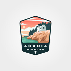 acadia national park sticker patch logo design, vintage us national park collection illustration design. - obrazy, fototapety, plakaty