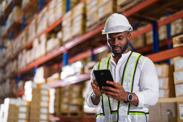 Black warehouse worker checking the delivery status of the package with a tablet - Powered by Adobe