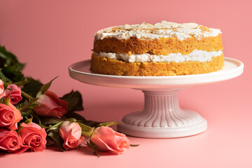 A two-layered carrot cake with white frosting on a white cake stand and pink roses on pink surface