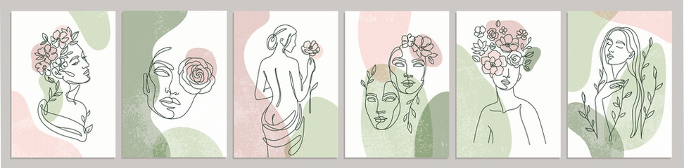 Set of one-line female images. Beautiful women in flowers. Trendy simple linear style. Vector illustrations. 