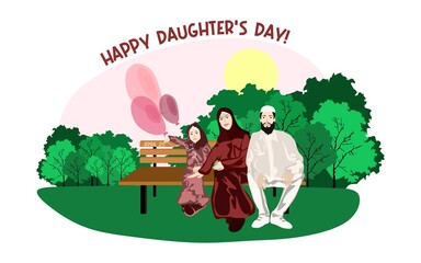 Fototapeta premium Happy Muslim family sits on a park bench in sunny weather with balloons. Family, mothers, childrens, fathers, sons, daughters, siblings day celebration conceptual vector design.