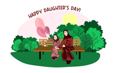 Naklejka premium Happy Muslim family sits on a park bench in sunny weather with balloons. Family, mothers, childrens, fathers, sons, daughters, siblings day celebration conceptual vector design.