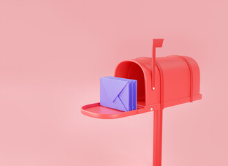 3d red mailbox with mail isolated on pink background. mail delivery, post office, Sent mail message, Read online message, Mail icon, Newsletter. 3d rendering illustration, minimal cartoon style