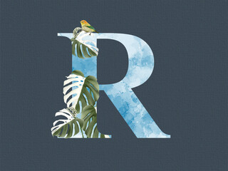 Alphabet R with floral tropical watercolor