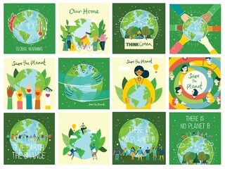 Vector eco illustration cards for social poster, banner or card of saving the planet, human hands protect our earth. - obrazy, fototapety, plakaty