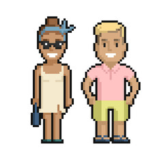 Pixel art set of cute boy and girl in summer on a white background. - 505473246