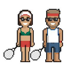 Pixel art set of cute boy and girl on the beach with badminton on a white background. - 505473271