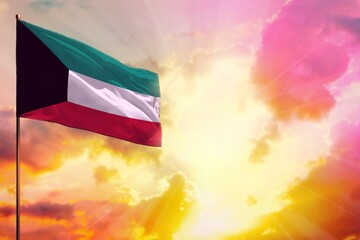Fluttering Kuwait flag in top left corner mockup with the space for your text on beautiful colorful sunset or sunrise background.