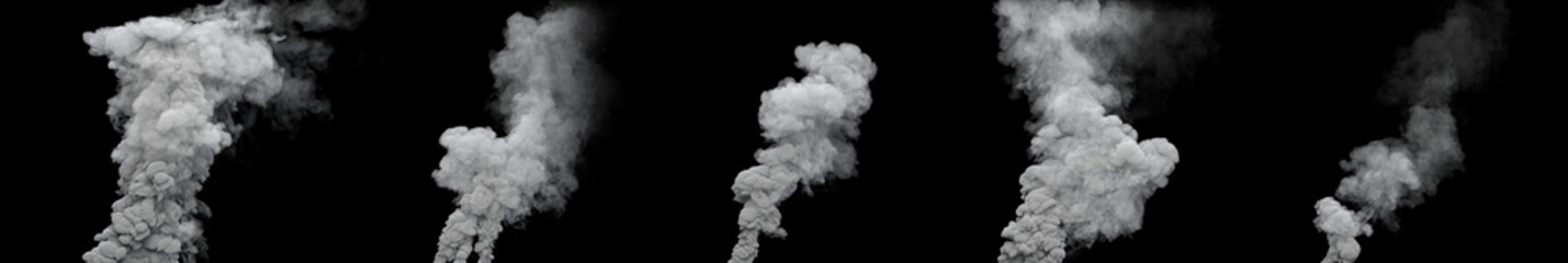 5 grey defilement smoke columns from waste burning on black, isolated - industrial 3D illustration