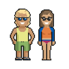 Pixel art set of cute boy and girl on the beach in summer on a white background. - 505473468
