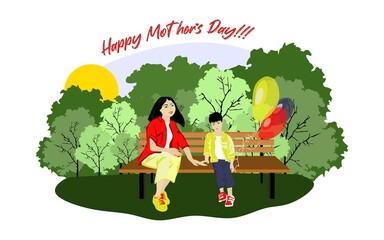 Fototapeta premium Happy Asian family sits on a park bench in sunny weather with balloons. Family, mothers, childrens, fathers, sons, daughters, siblings day celebration conceptual vector design.