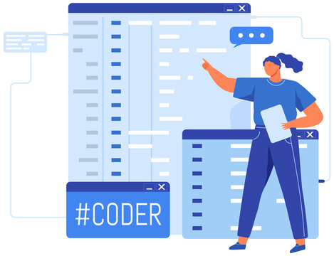 Software engineers working with computer program creation. Web design and development, programming and coding website or app. Programmer, developer, HTML, PHP, JS, CSS, Java Script, languages