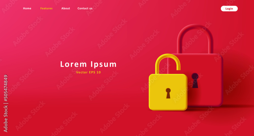 Poster 3d composition with render illustration of padlocks open and closed, digital web banner. vector illu