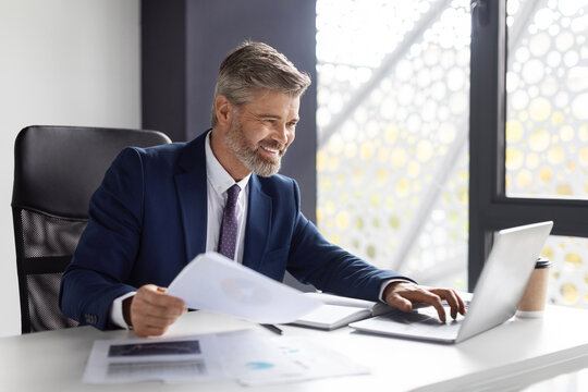 Handsome Smiling Mature Businessman Working With Documents And Laptop In Modern Office