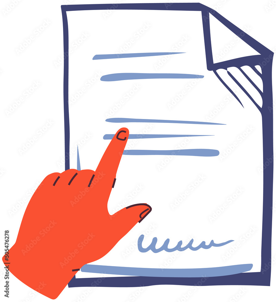 Poster human hand points to paper sheet with data. person showing document with writing. working with infor