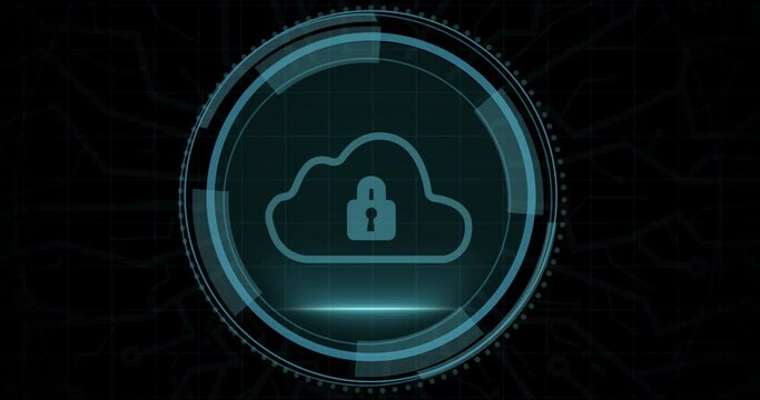 Animation of digital cloud in circle and cyber security on black background