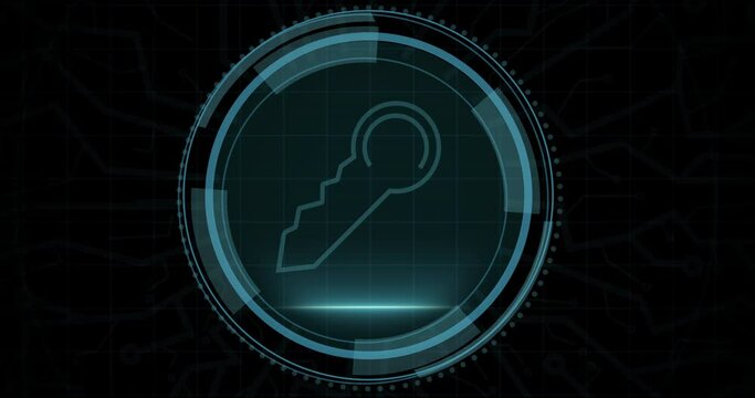 Animation of digital key in circle and cyber security on black background