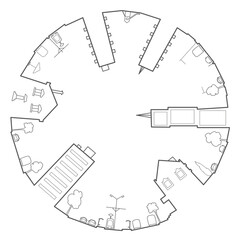 Linear abstract architectural circular sketch city streets on white background