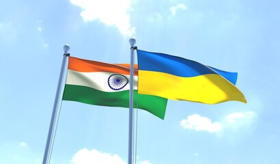 Ukraine and India, two flags waving against blue sky. 3d image