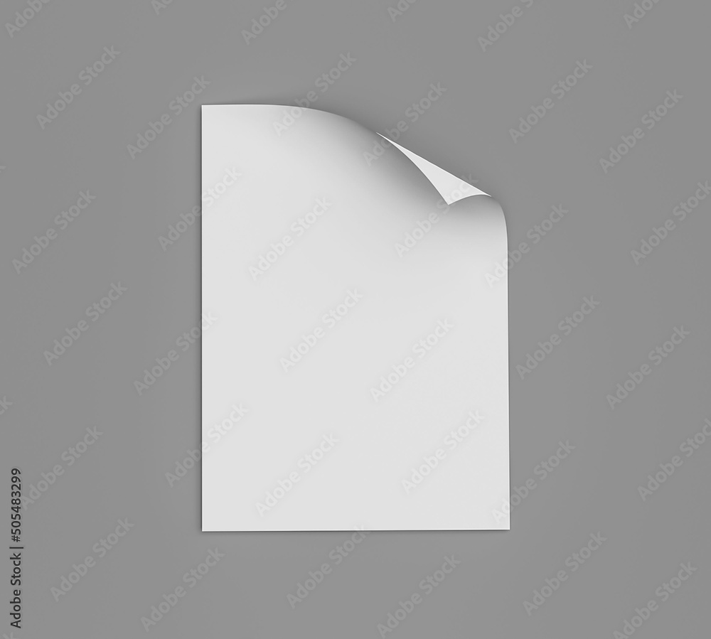 Poster 3d rendering of an empty paper sheet with a curved corner in a4 format isolated on a gray background