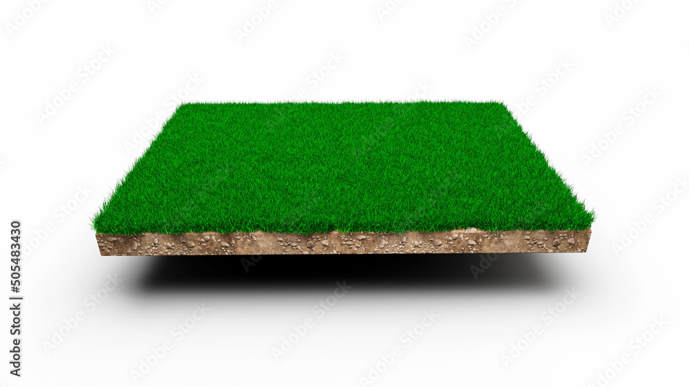 Poster 3d rendering of a square of green grass field isolated on a white background