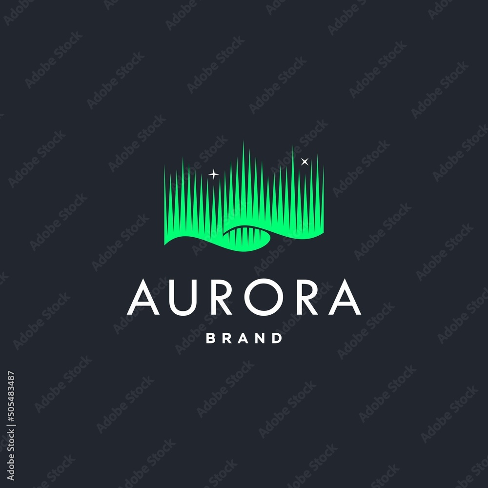 Wall mural green aurora borealis logo, modern northern lights sky aurora and stars icon logo design illustratio