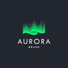 green aurora borealis logo, modern northern lights sky aurora and stars icon logo design illustration background
