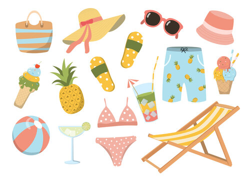 Cute summer set beach holiday elements. Cocktails, sling chair, swim clothes, sunglass. Isolated on white background. Vector clipart. Great for summer banners, print, scrapbooking, and stickers.