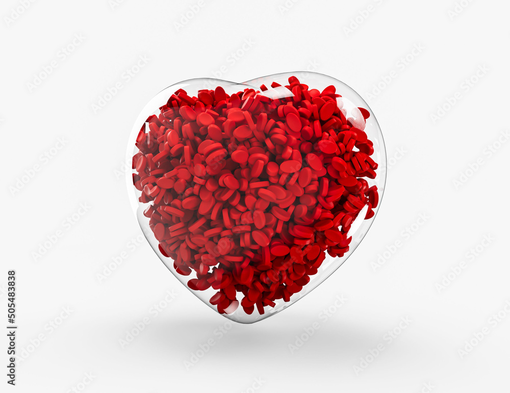 Poster 3d rendering of red blood cells in a transparent heart shaped glass container on a white background