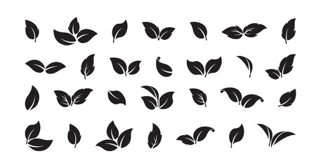 Obraz na płótnie Canvas Leaf tree vector icon, sprout plant set, organic foliage, bio sign different shape. Simple black label isolated on white background. Nature illustration
