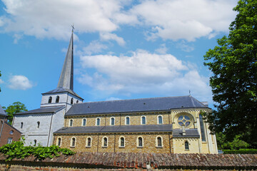 View on former belgian benedictine abbey against blue summer sky - Church of Saint Anne, Aldeneik, Belgium - obrazy, fototapety, plakaty
