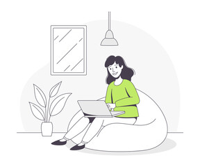 Freelance Remote Work with Young Woman Sitting on Beanbag with Laptop at Home Outline Vector Illustration