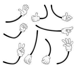 Gloved hand showing various gestures set. Hand in white glove doing ok, thumbs up, high five sign vector illustration