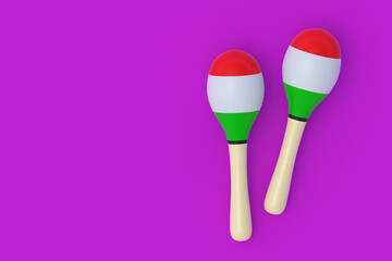 Pair of mexican maracas on violet background. National musical instrument. Traditional carnival equipment. Festival symbol. Latin ethnic accessories. Flat lay. Copy space. 3d render