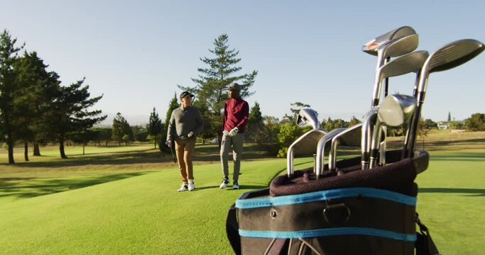 Video Of Diverse Male Friends Walking On Golf Field