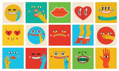 Collection of Round abstract comic Faces with various Emotions. Crazy Abstract comic geometric shape characters elements and faces. Vector Illustration