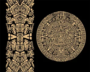 Foto op Canvas Ancient Mayan calendar. Vector illustration on black background. Images of characters of ancient American Indians.The Aztecs, Mayans, Incas. © Oleksii