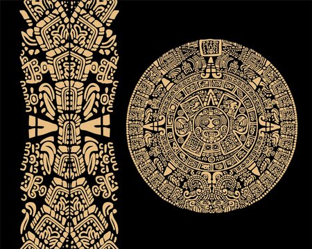 Ancient Sacred Mayan sun god Aztec wheel calendar Maya symbols ethnic  mask Psychedelic round frame border old logo icon Grunge Mandala vector  illustration isolated on black background 11425411 Vector Art at Vecteezy