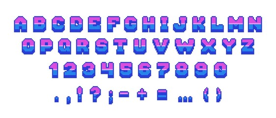 Retro pixel font. 8 bit arcade game letters numbers and punctuation marks, vintage video and computer game comic alphabet. Vector isolated set