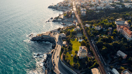 Aerial view over coast of Liguria, beach in Quarto dei Mille in Genova, Italy - obrazy, fototapety, plakaty