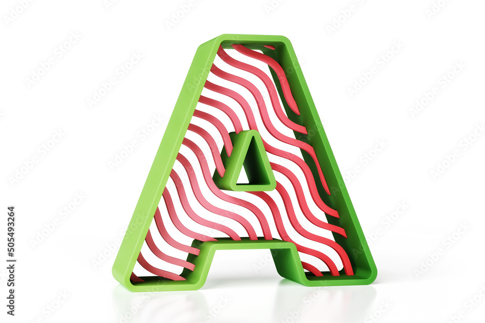 Poster creative cheerful font letter a made of green outline and red striped pattern. high definition 3d re