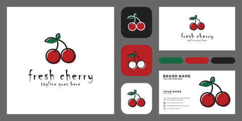 Minimalist Cherry logo design with line art style color Vector with business card template